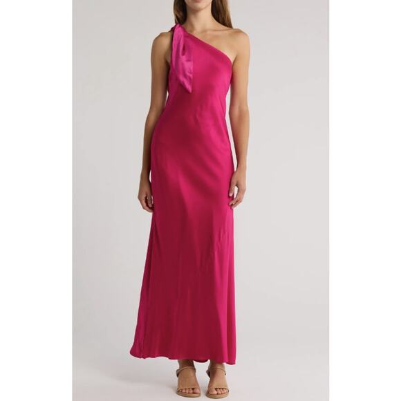 Cult Gaia Kamilla Fuchsia Pink One Shoulder Side Slit Silk Maxi Dress Size Small - Picture 1 of 8